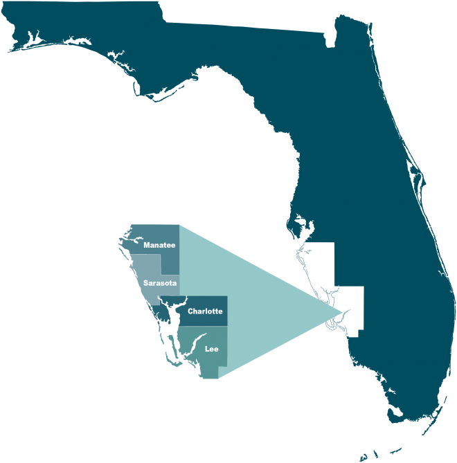 Map of Florida showing placement of Lee, Charolette, Sarasota and Manatee Counties
